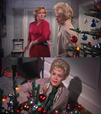 Helen Jorgensen angrily slaps her daughter Molly in "A Summer Place" sending her into their plastic Christmas tree- Screen capped by Hollywood Comet