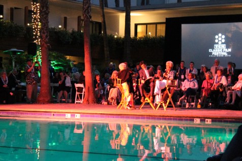 France Nuyen, Ben Mankiewiczi and Mitzi Gaynor poolside at the Roosevelt Hotel
