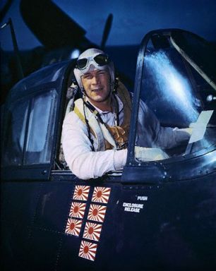 Morris in 1944 in his plane "Meatball." The decals show how many Japanese planes he shot down. 