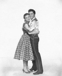 Dolores Hart with Elvis Presley in 1957 in a still for "Loving You"