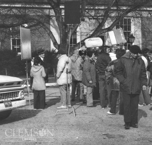 Burt Lancaster filming scenes from "Midnight Man" on the campus of Clemson University. Source: Clemson archives