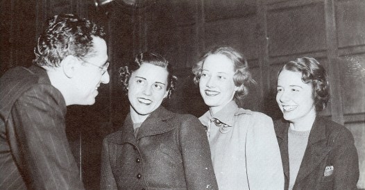 Director George Cukor with interviews actresses to play the role of "Scarlet O'Hara": Louisa Robert, Atlanta; Susan Fallingant, Atlanta; Alicia Rhett, Charleston. (Scanned from "The Pictorial History of Gone with the Wind")