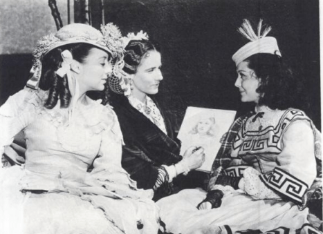 During the filming of "Gone with the Wind," Alicia Rhett made sketches between takes. Here with Evelyn Keyes and Ann Rutherford. (Scanned from "The Filming of Gone with the Wind" by Herb Bridges)