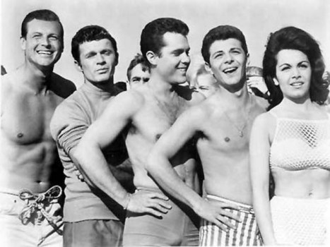 Jody McCrea (Joel McCrea's son), Dick Dale, John Ashley, Frankie Avalon and Annette Funicello in "Muscle Beach Party"