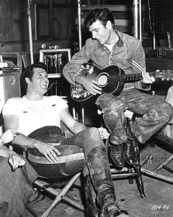 Rock Hudson and James Best on the set of "Seminole" (1953)