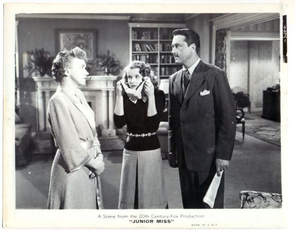 Sylvia Field, Mona Freeman and Allyn Joslyn in "Junior Miss" (1945). Freeman is holding ice to her neck to avoid a sagging chin.