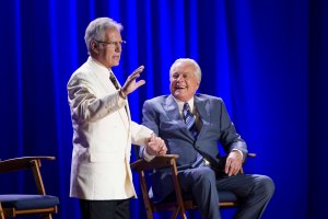 Alex Trebek surprising Robert Osborne during the Ask Robert Event at The Montalban Theatre on Friday at the 2014 TCM Classic Film Festival In Hollywood, California. 4/11/14  PH: Mark Hill