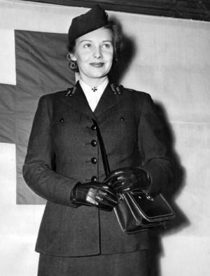 Madeleine Carroll training at the American University in Washington for service in the Red Cross in 1943.