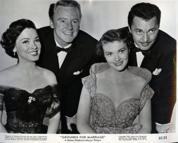Kathryn Grayson, Van Johnson, Paula Raymond and Barry Sullivan in a publicity photo for "Grounds for Marriage." 
