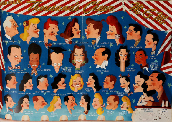 Fun promotional pamphlet of caricatures of the "Thousands Cheer" songs.