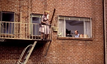 Sara Berner lowers their dog down into the courtyard. Frank Handy sits inside the apartment. 
