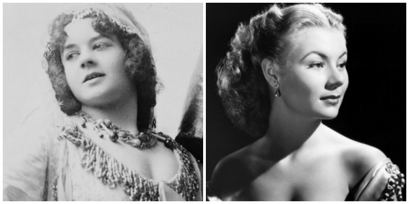 The real Eva Tanguay and a publicity portrait of Mitzi Gaynor in costume as Tanguay for "I Don't Care Girl" 