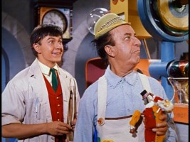 Tommy Kirk as the toy eventer with Ed Wynn who is the Toymaker