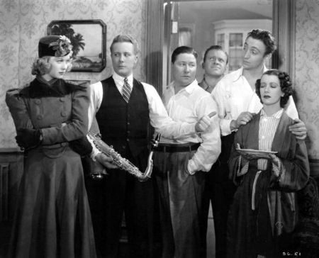 Lucille Ball, Gene Raymond, Jack Oakie, Mischa Auer, Lily Pons and other band members in "That Girl From Paris" 