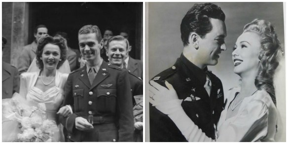 Left: Carole Landis marrying Capt. Thomas Wallace in 1943.  Right: Landis with actor John Harvey in 