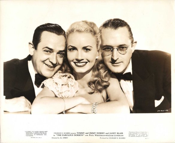Publicity photo of Jimmy Dorsey, Janet Blair and Tommy Dorsey for "The Fabulous Dorseys" (1947).