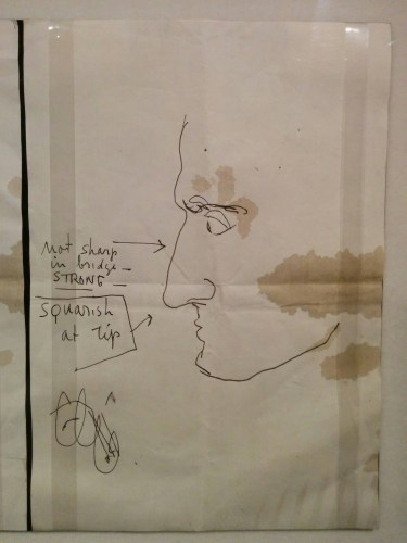 Sketch made by Orson Welles in August 1958 of how he wanted his makeup to look in "Compulsion" (1959).