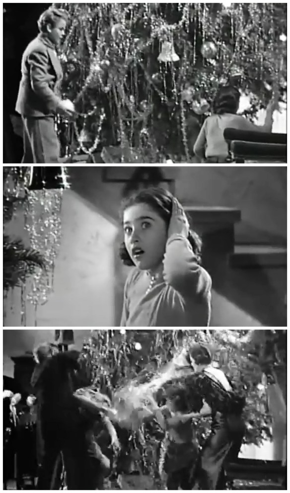 Scenes from the Christmas tree fight: Jackie Moran mistakenly believes Edith Fellow hits him with an ornament, Edith fellows is in shock after their agreement, parents try to separate the fighting children