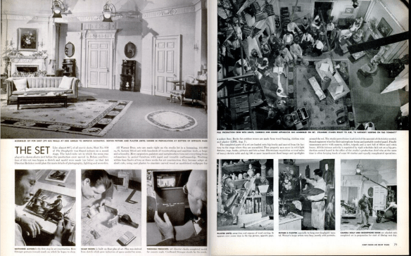 Photo spread by Ralph Crane on "The Set" of "The Doughgirls" by Warner Brothers. Spreaad looks at how set design is created and the final product. (Scanned by Comet Over Hollywood)