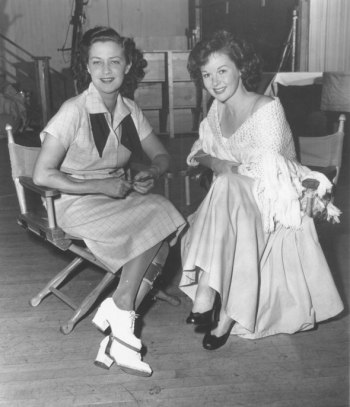 Jane Froman and Susan Hayward on the set of 