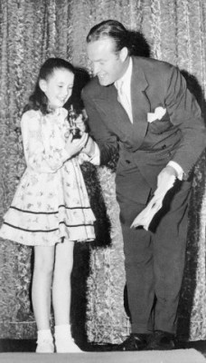 Bob Hope presents Margaret O'Brien with the Academy's first "Oscarette" for best performance of a child actress in 1944.