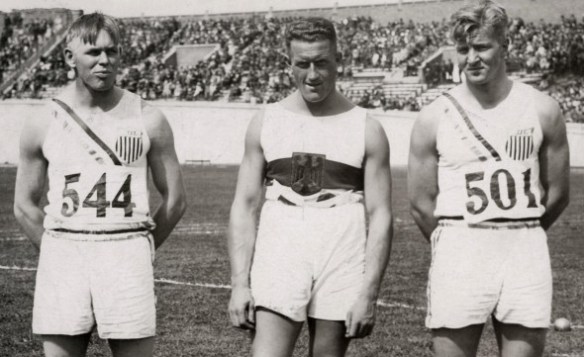 1928 Olympic Track and Field Ceremony: USA's John Kuck with the gold, German's Emil Hirschfeld with the bronze and USA's Herman Brix with the silver. 