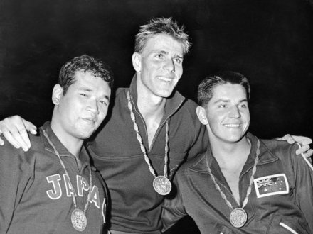 Murray Rose (center) at the 1960 Olympics with his gold medal
